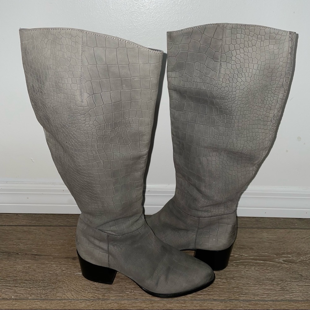 Gray Crocodile Pattern Knee-High Boots - image 3